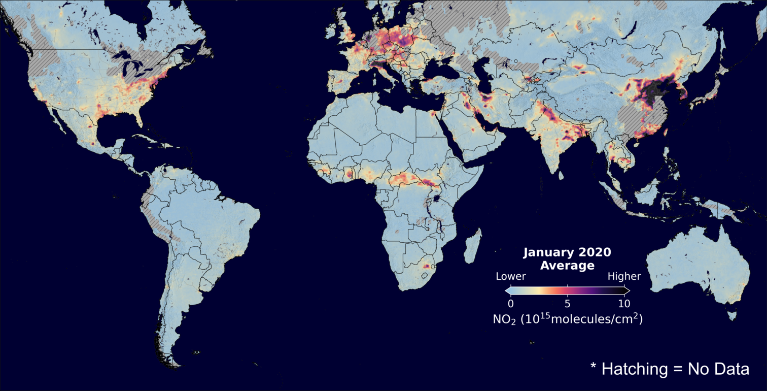 An average nitrogen dioxide image over Global for January 2020.