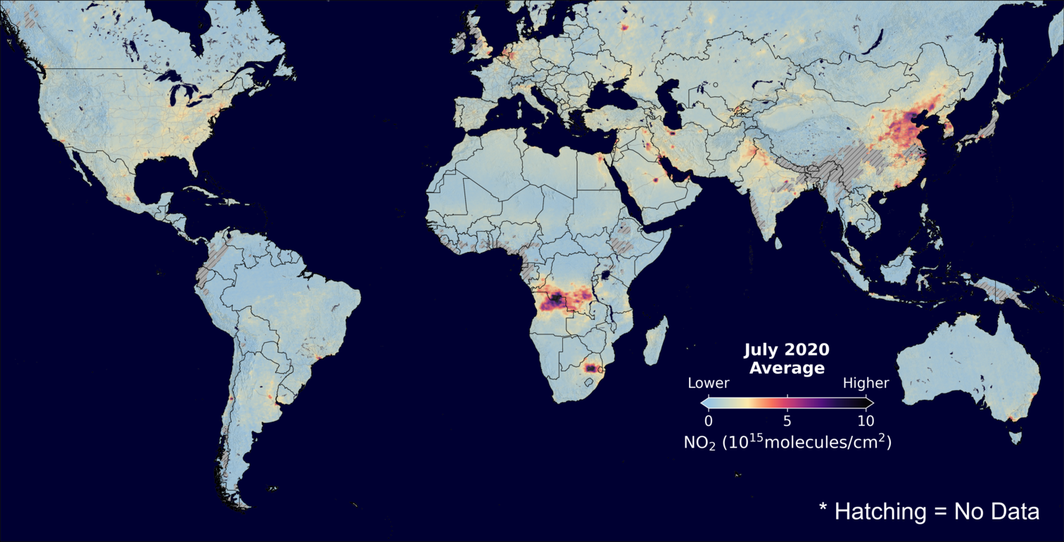 An average nitrogen dioxide image over Global for July 2020.