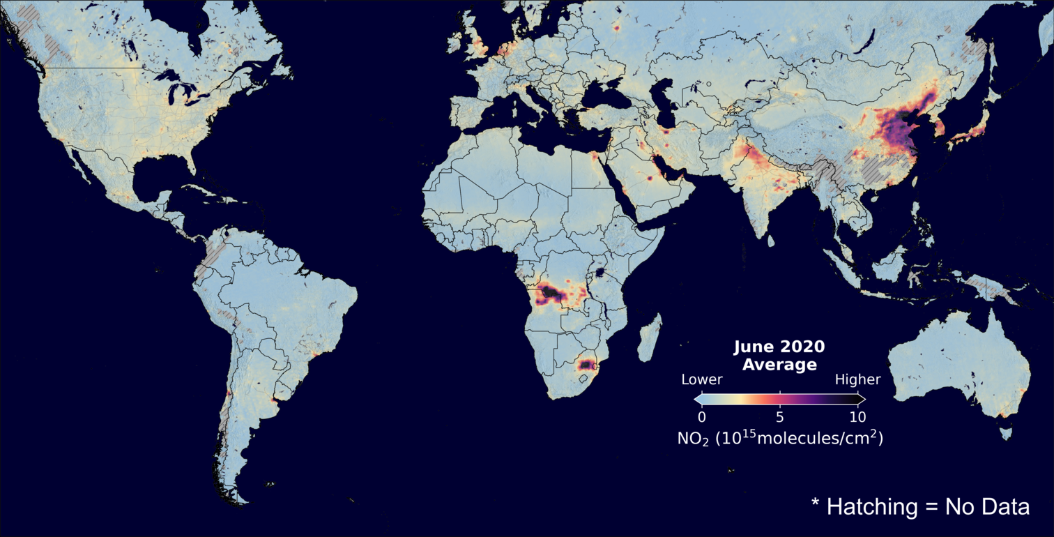 An average nitrogen dioxide image over Global for June 2020.
