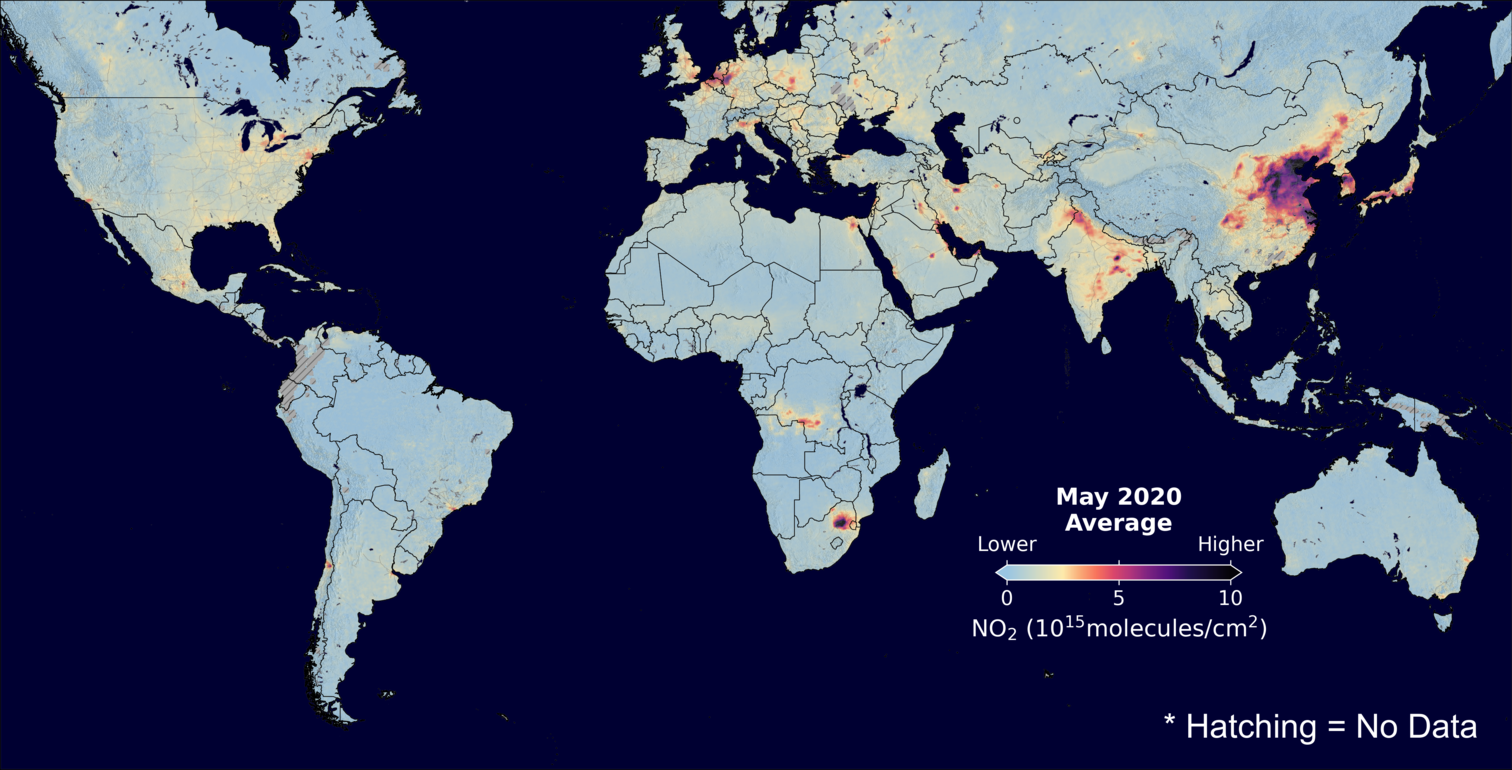 An average nitrogen dioxide image over Global for May 2020.