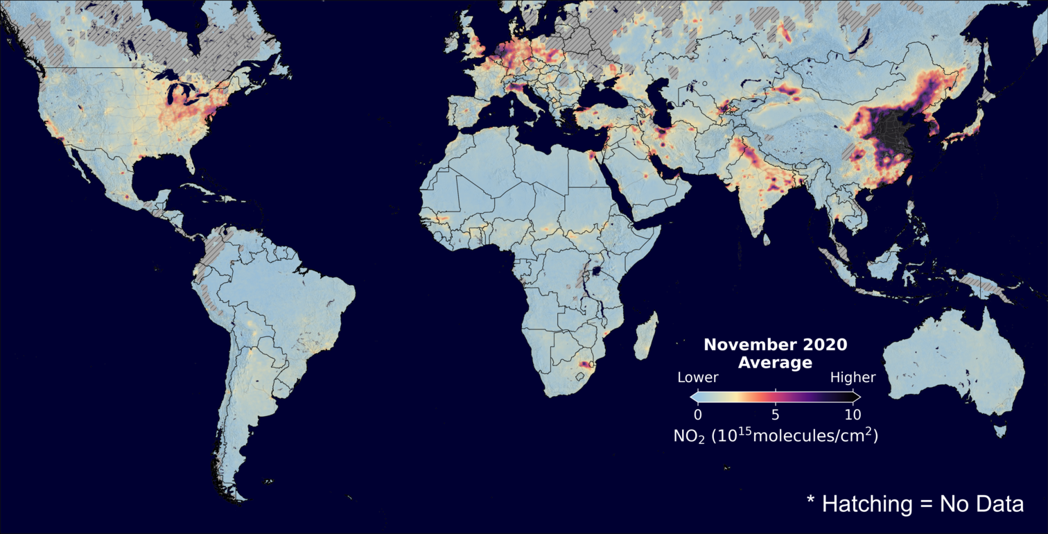 An average nitrogen dioxide image over Global for November 2020.