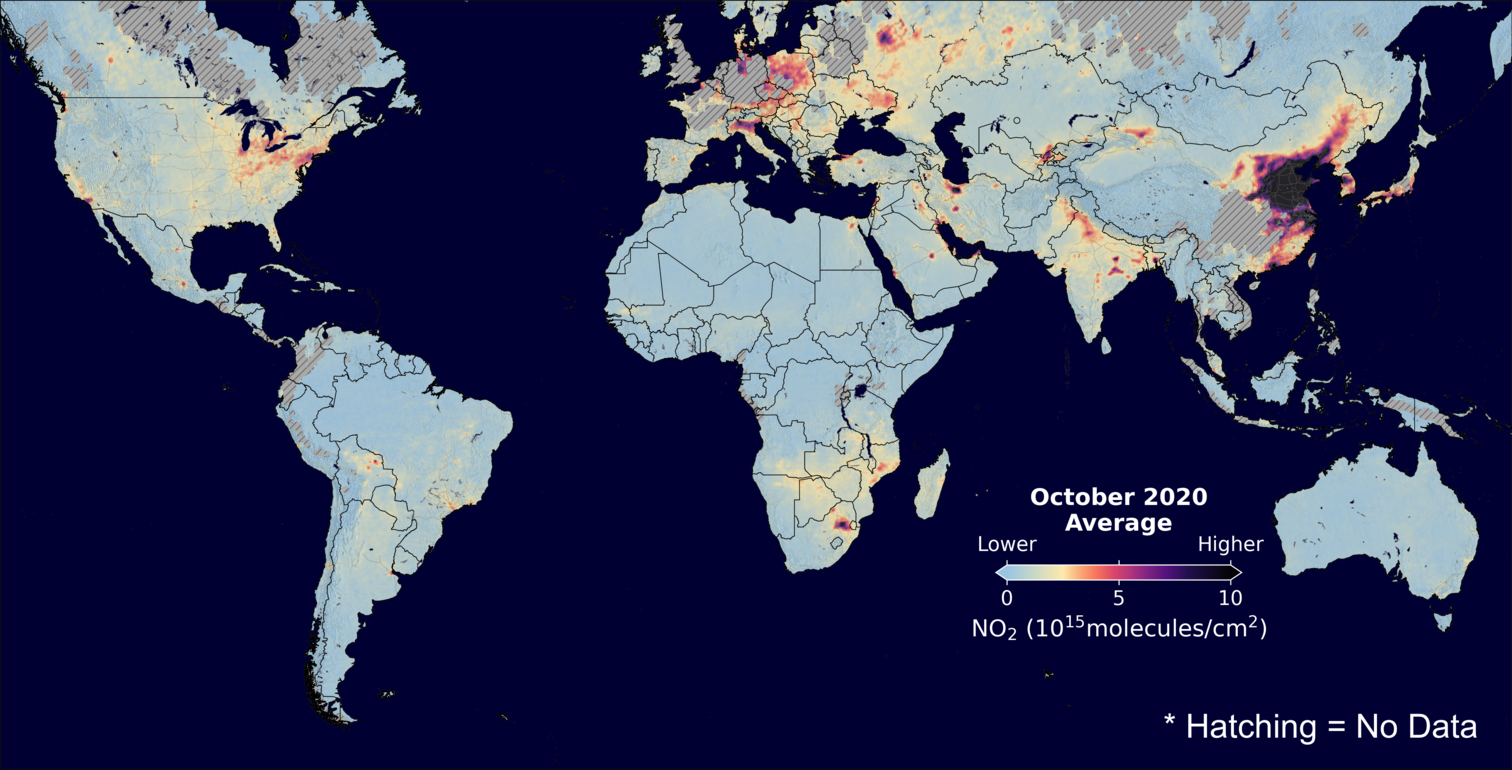 An average nitrogen dioxide image over Global for October 2020.