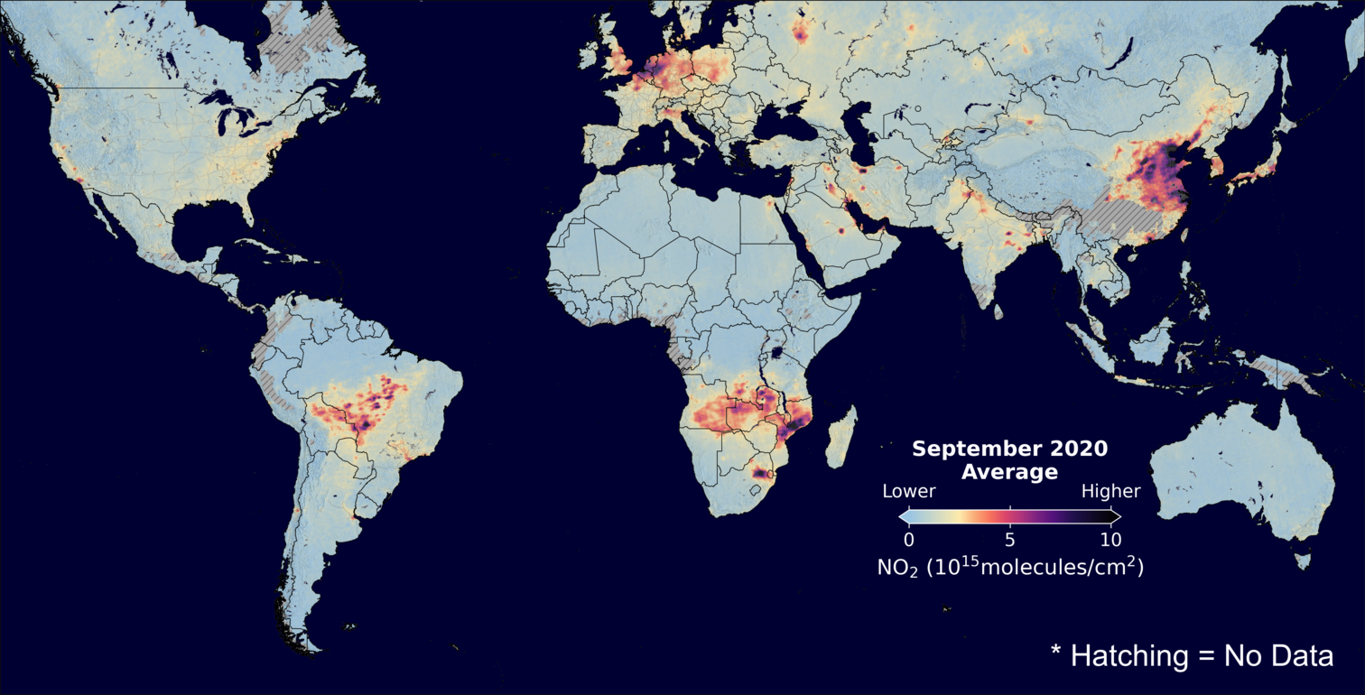 An average nitrogen dioxide image over Global for September 2020.