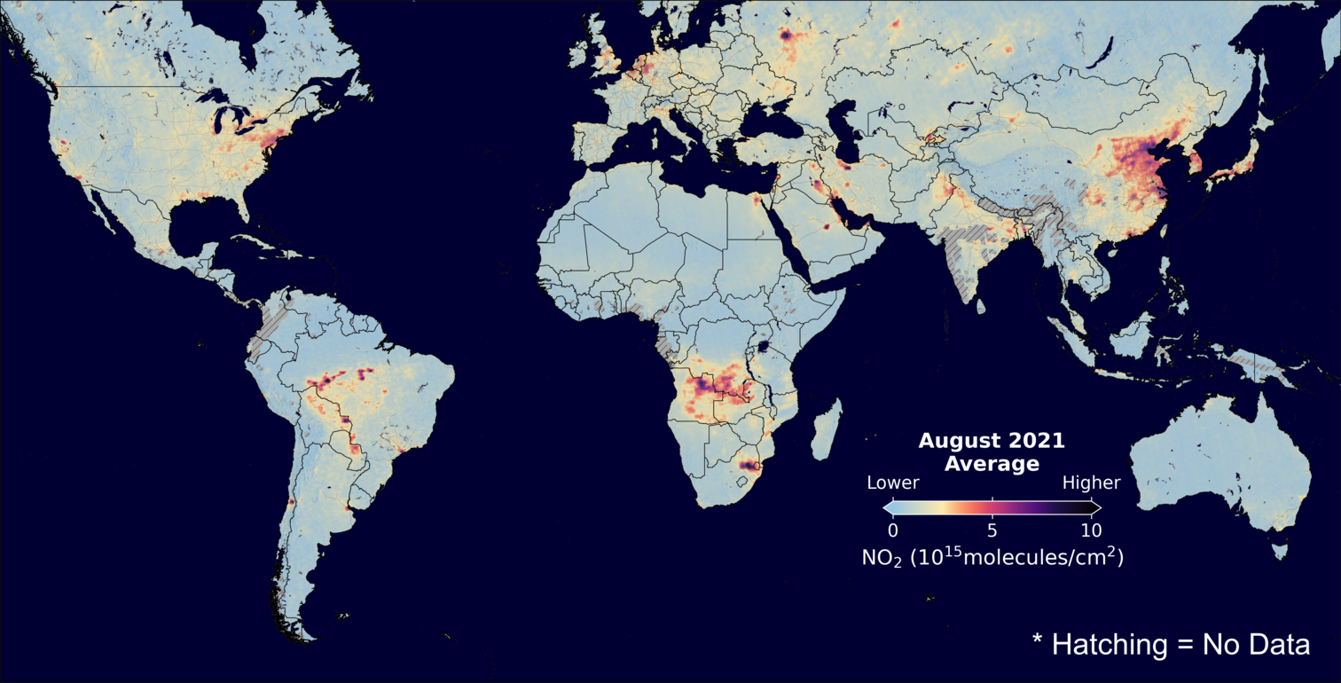An average nitrogen dioxide image over Global for August 2021.
