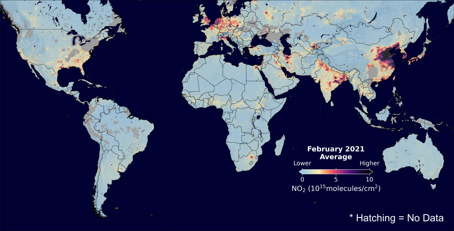 An average nitrogen dioxide image over Global for February 2021.