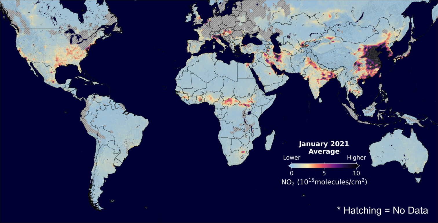 An average nitrogen dioxide image over Global for January 2021.