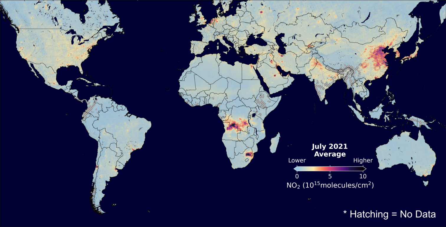 An average nitrogen dioxide image over Global for July 2021.