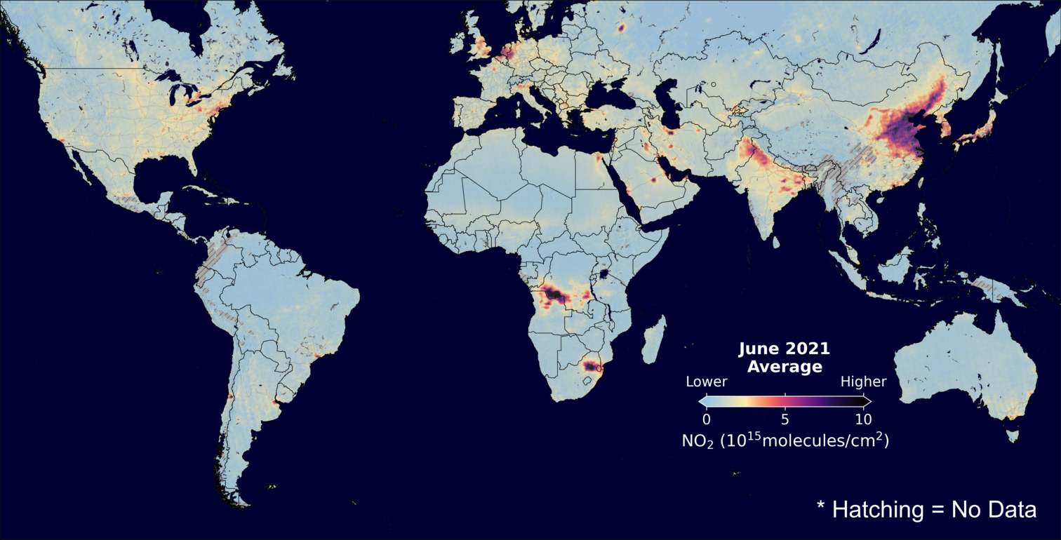 An average nitrogen dioxide image over Global for June 2021.