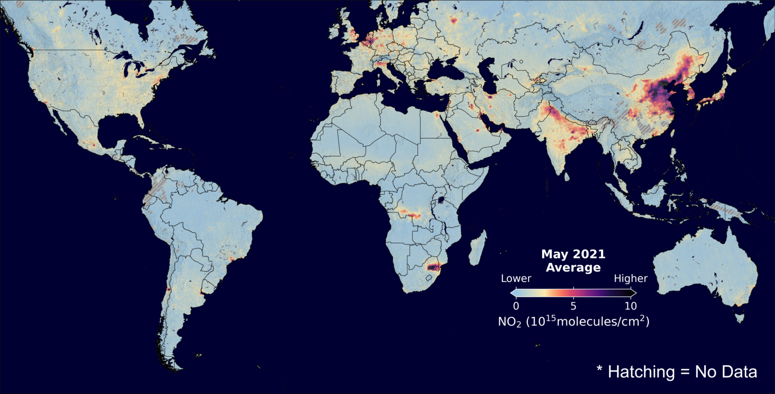 An average nitrogen dioxide image over Global for May 2021.