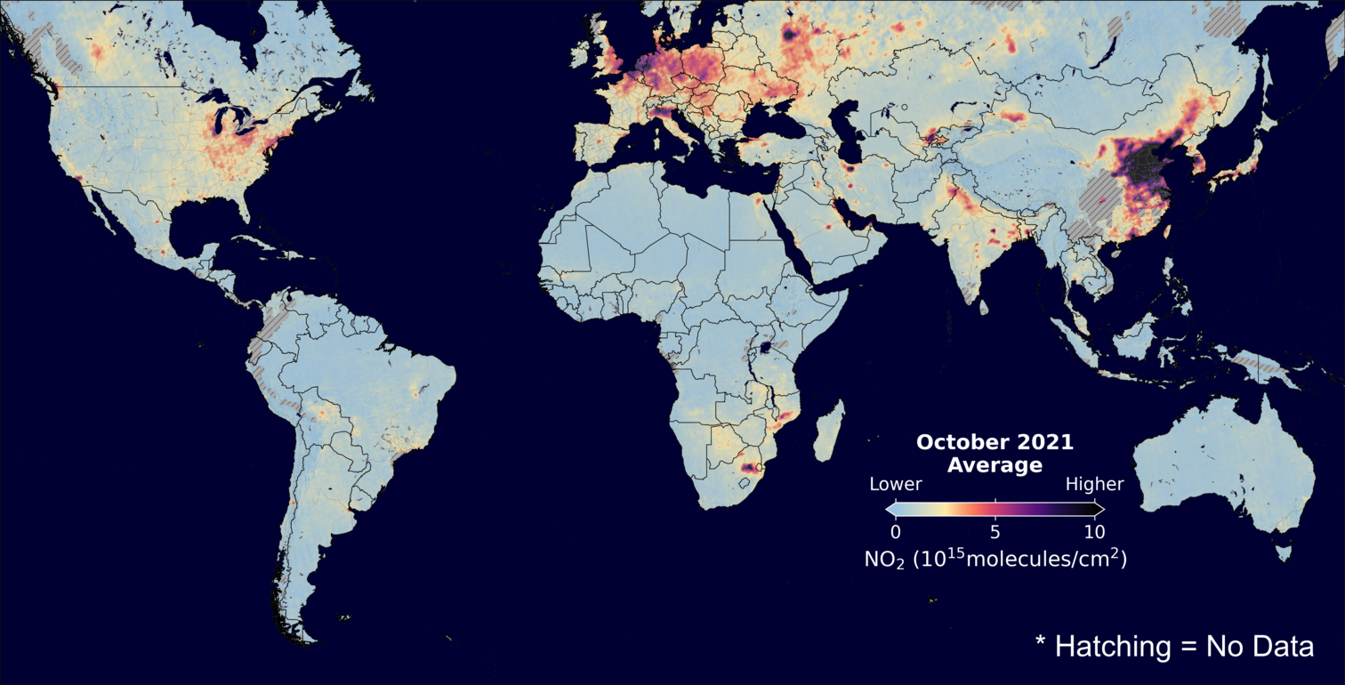 An average nitrogen dioxide image over Global for October 2021.