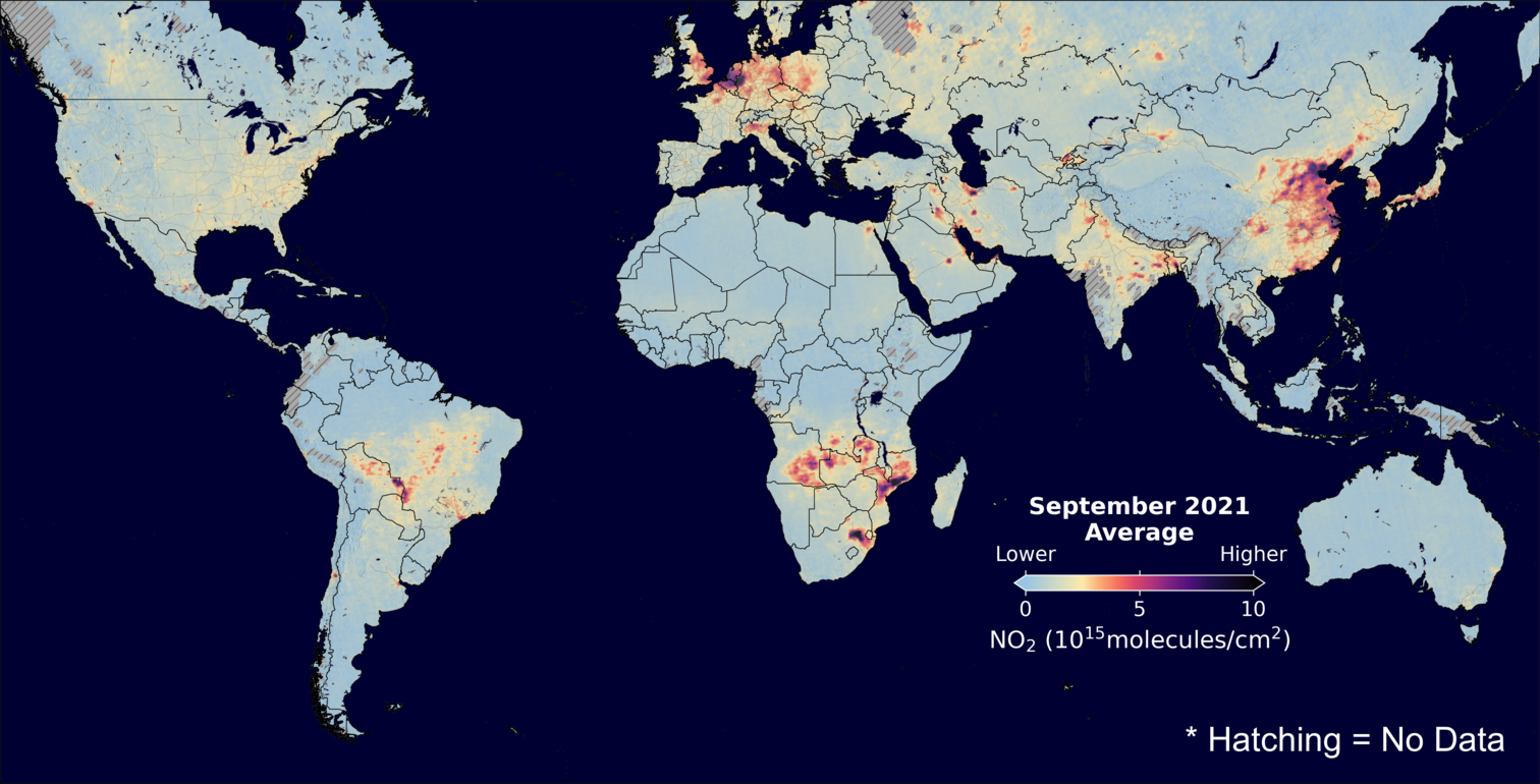 An average nitrogen dioxide image over Global for September 2021.