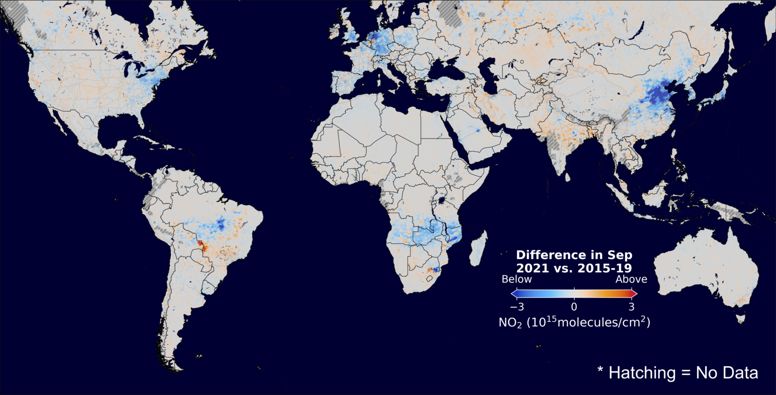 The average minus the baseline nitrogen dioxide image over Global for September 2021.