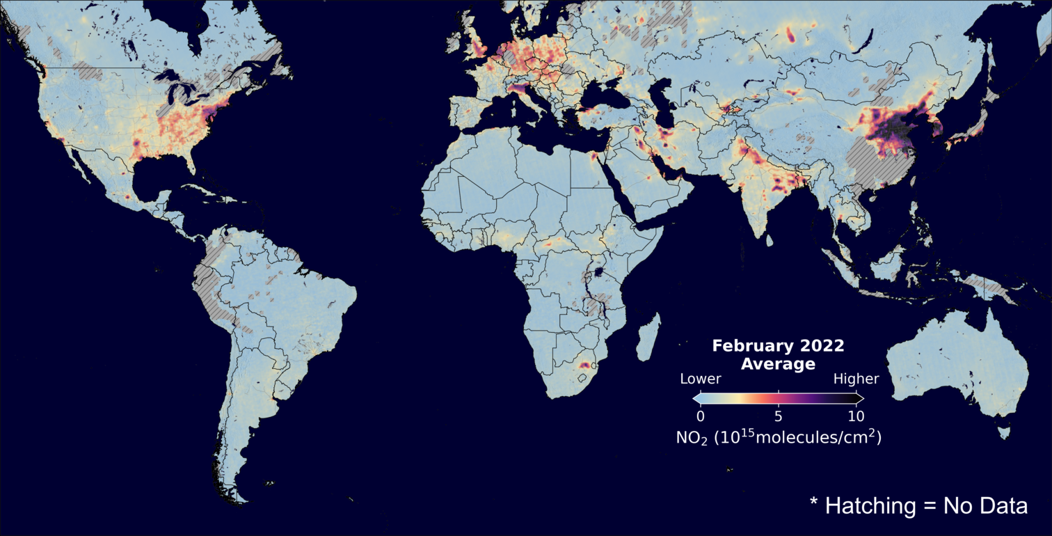 An average nitrogen dioxide image over Global for February 2022.