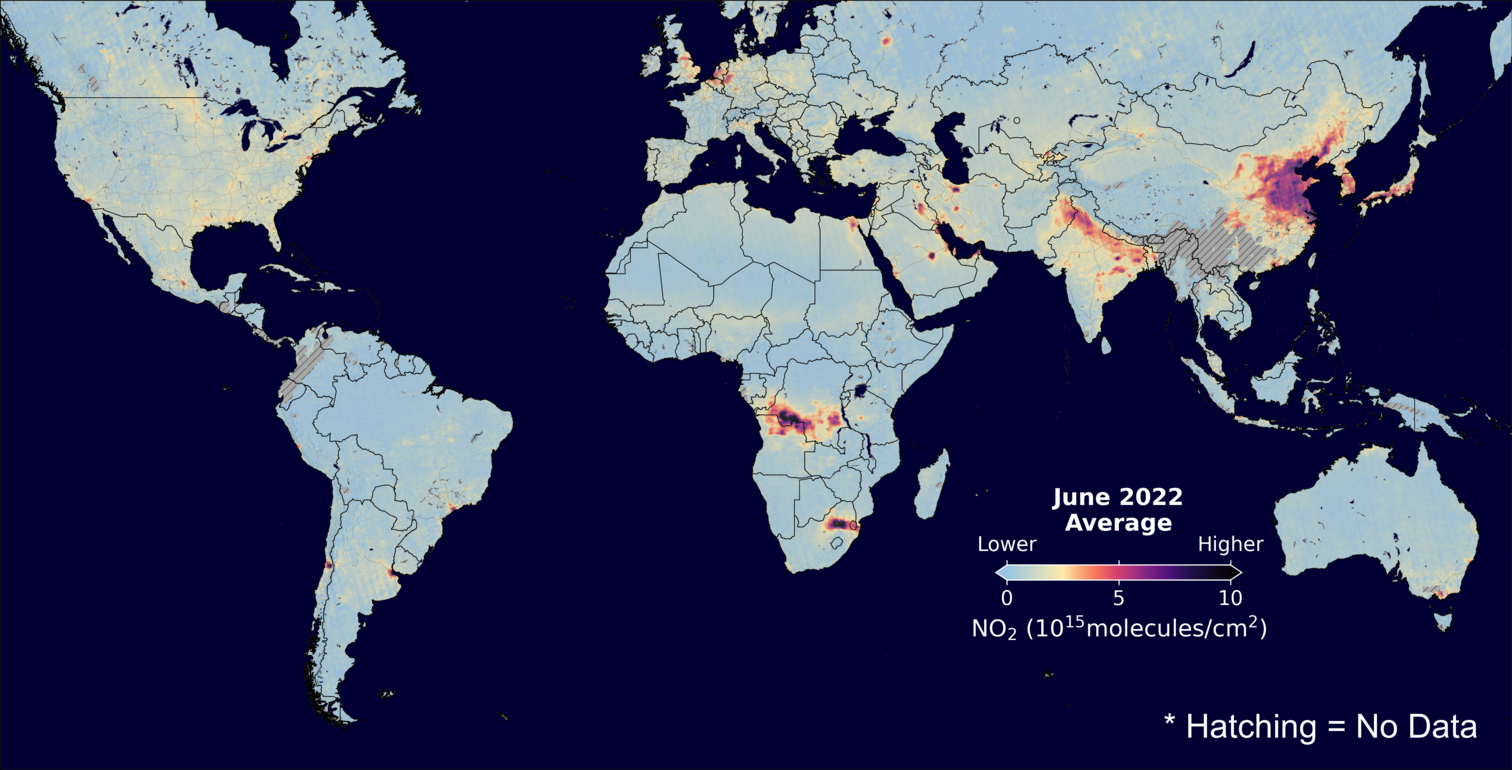 An average nitrogen dioxide image over Global for June 2022.