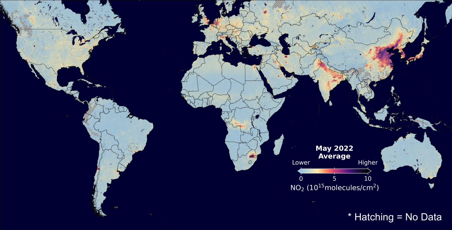An average nitrogen dioxide image over Global for May 2022.