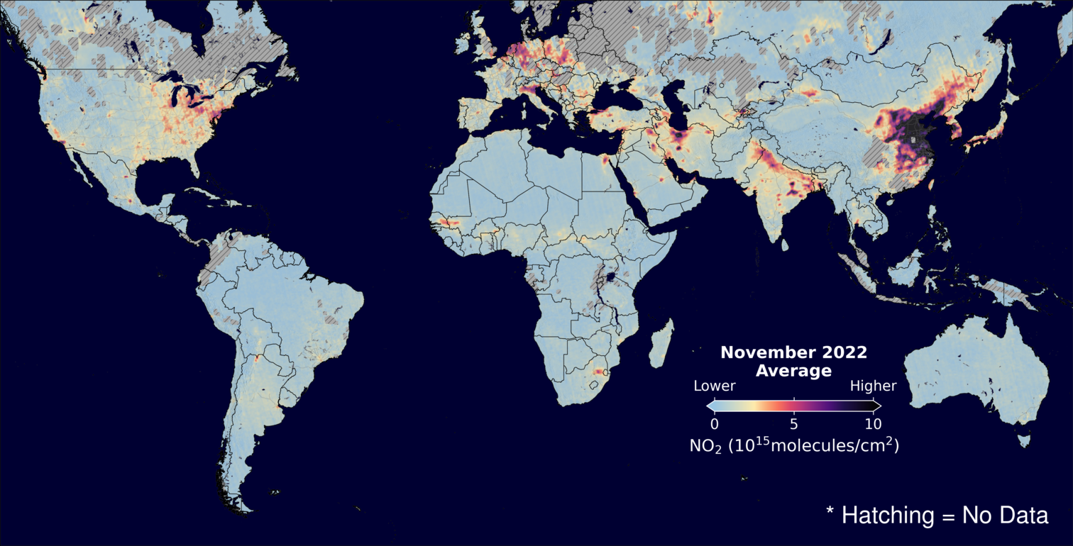 An average nitrogen dioxide image over Global for November 2022.