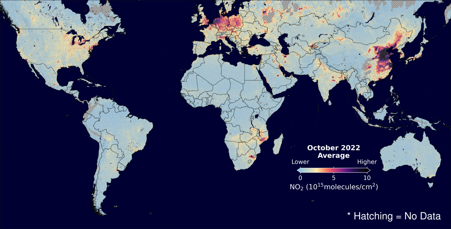 An average nitrogen dioxide image over Global for October 2022.