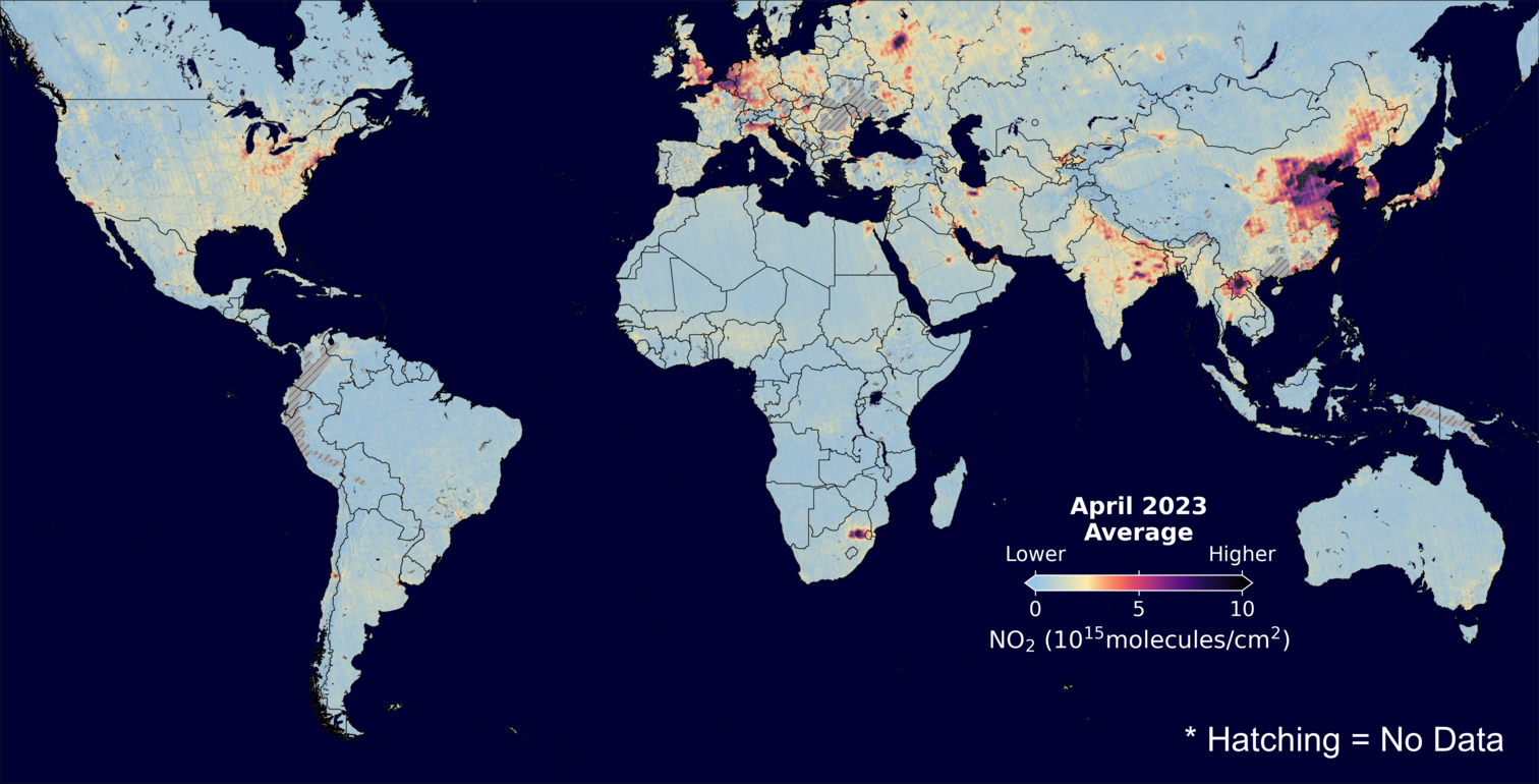 An average nitrogen dioxide image over Global for April 2023.