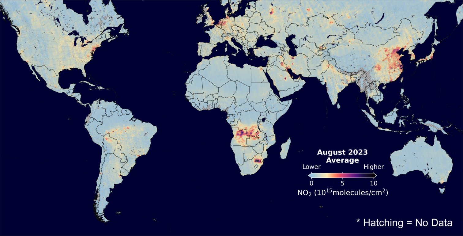 An average nitrogen dioxide image over Global for August 2023.