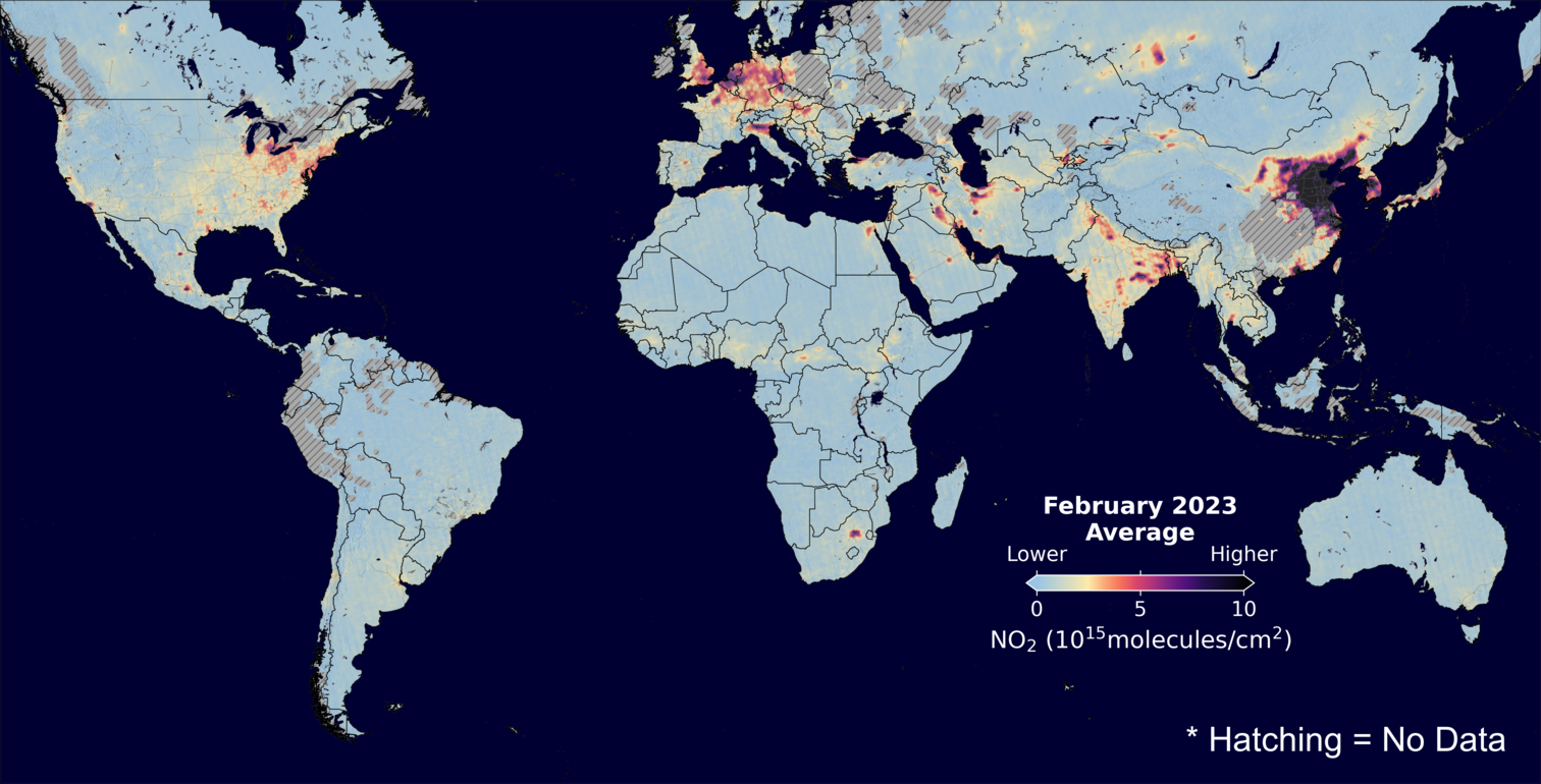 An average nitrogen dioxide image over Global for February 2023.