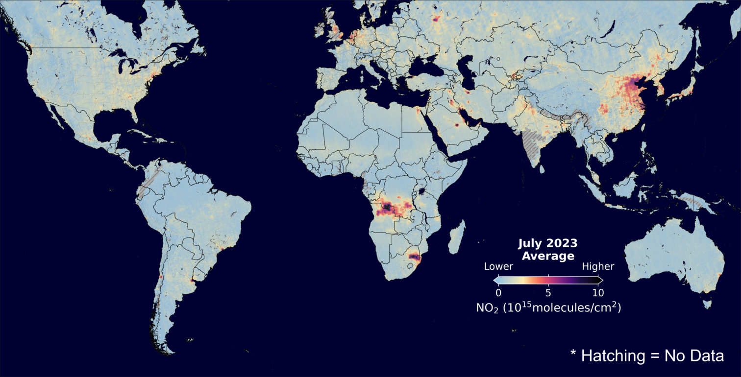 An average nitrogen dioxide image over Global for July 2023.