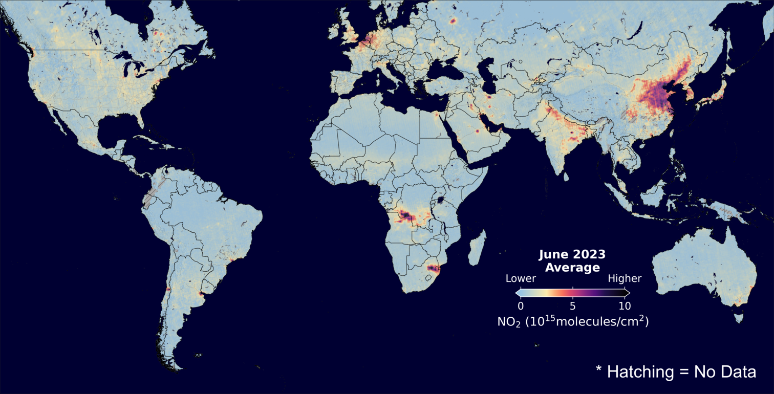 An average nitrogen dioxide image over Global for June 2023.