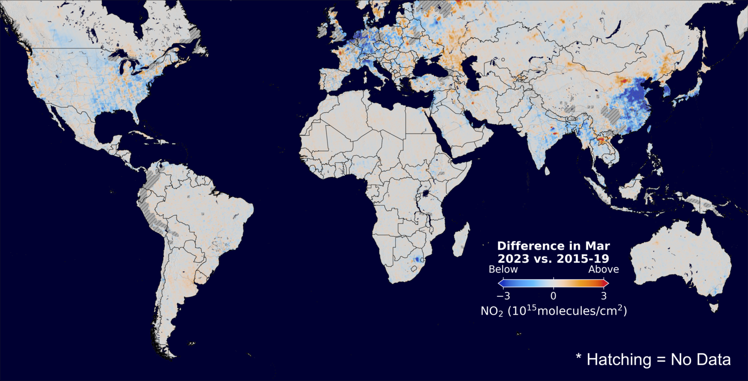 The average minus the baseline nitrogen dioxide image over Global for March 2023.
