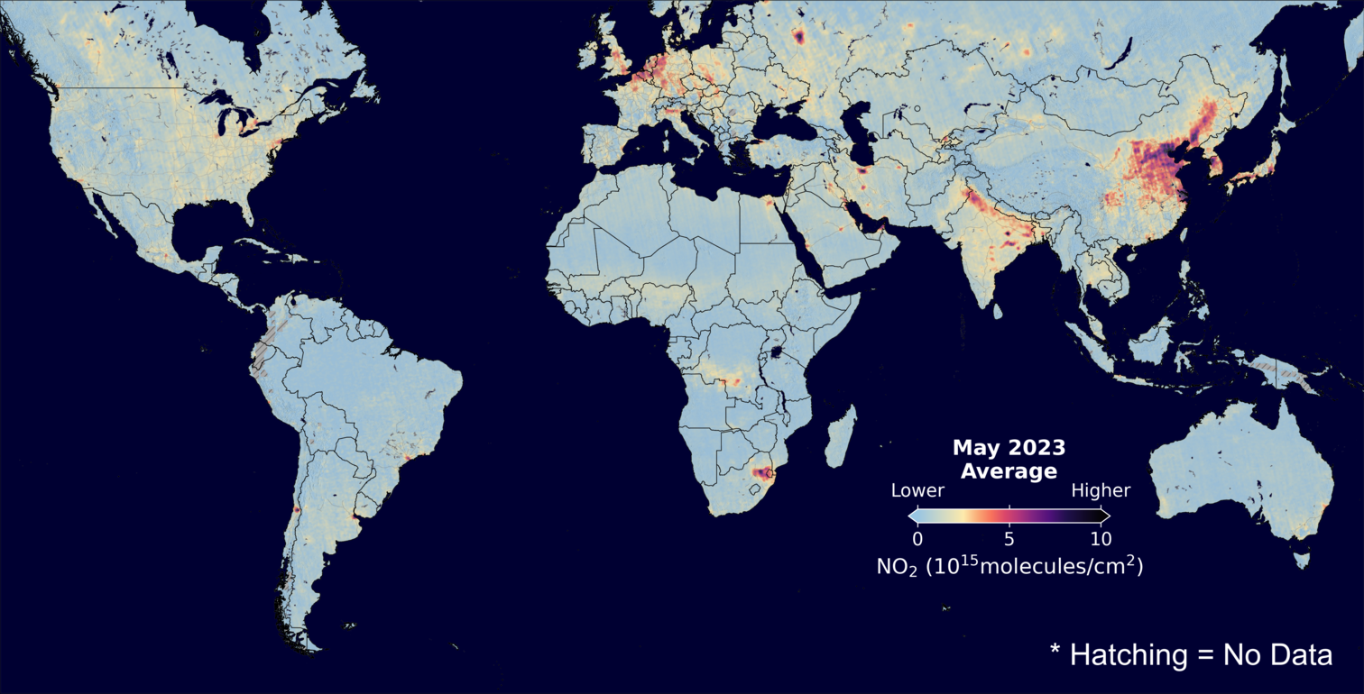An average nitrogen dioxide image over Global for May 2023.