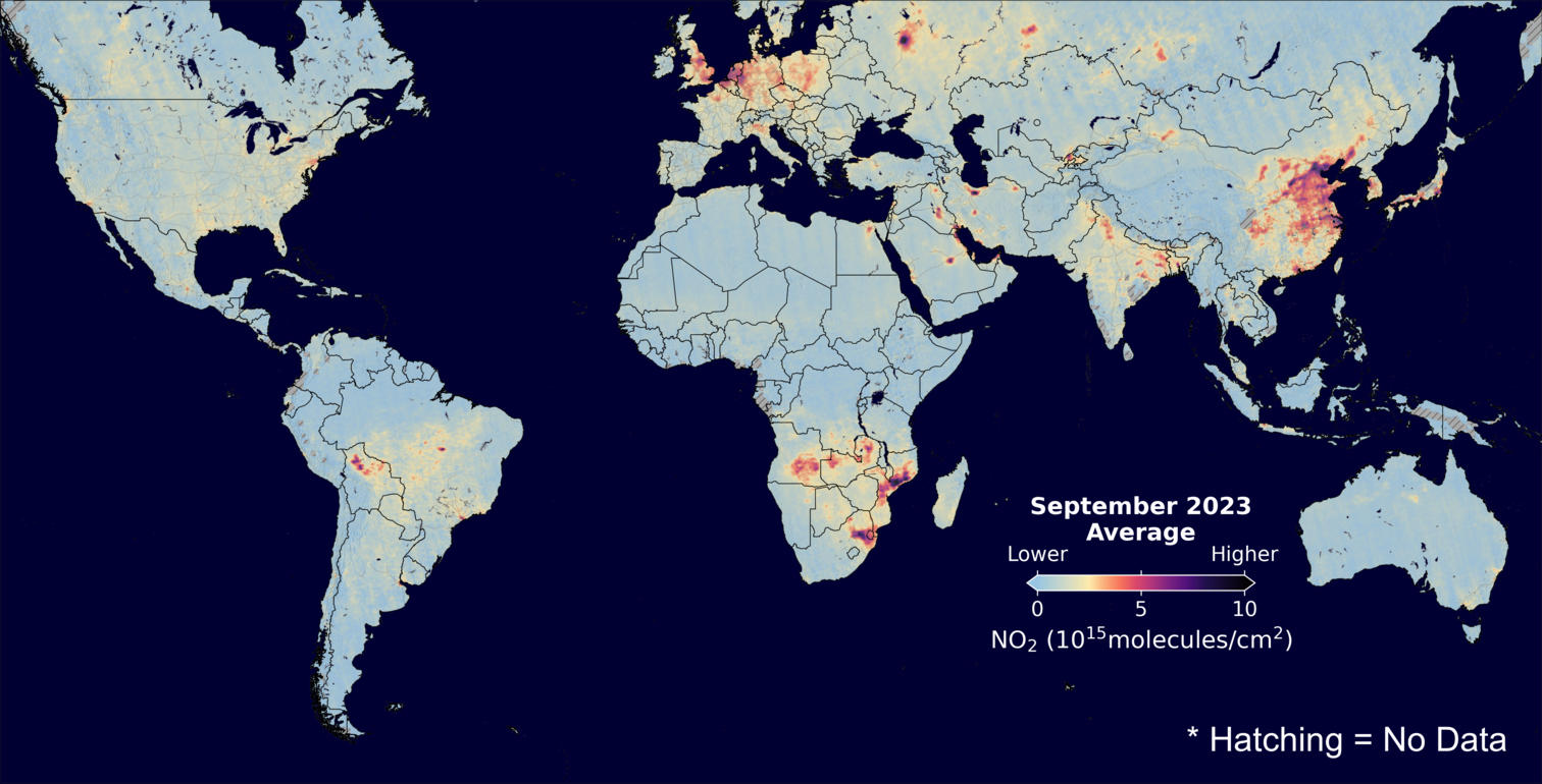 An average nitrogen dioxide image over Global for September 2023.