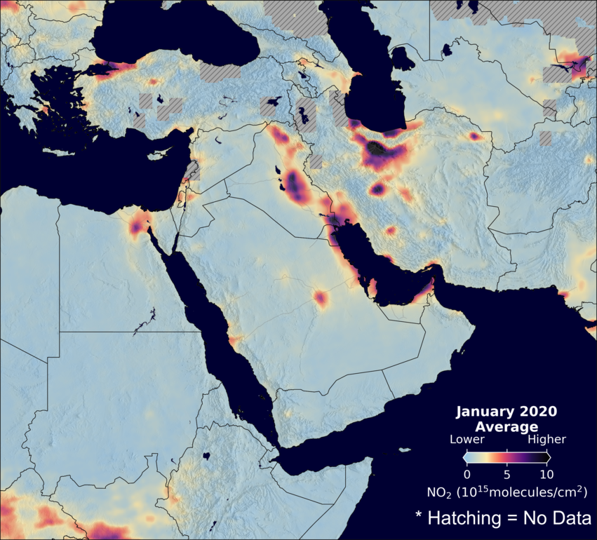 An average nitrogen dioxide image over MiddleEast for January 2020.