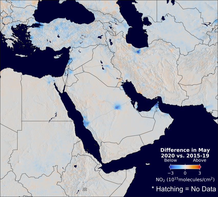 The average minus the baseline nitrogen dioxide image over MiddleEast for May 2020.