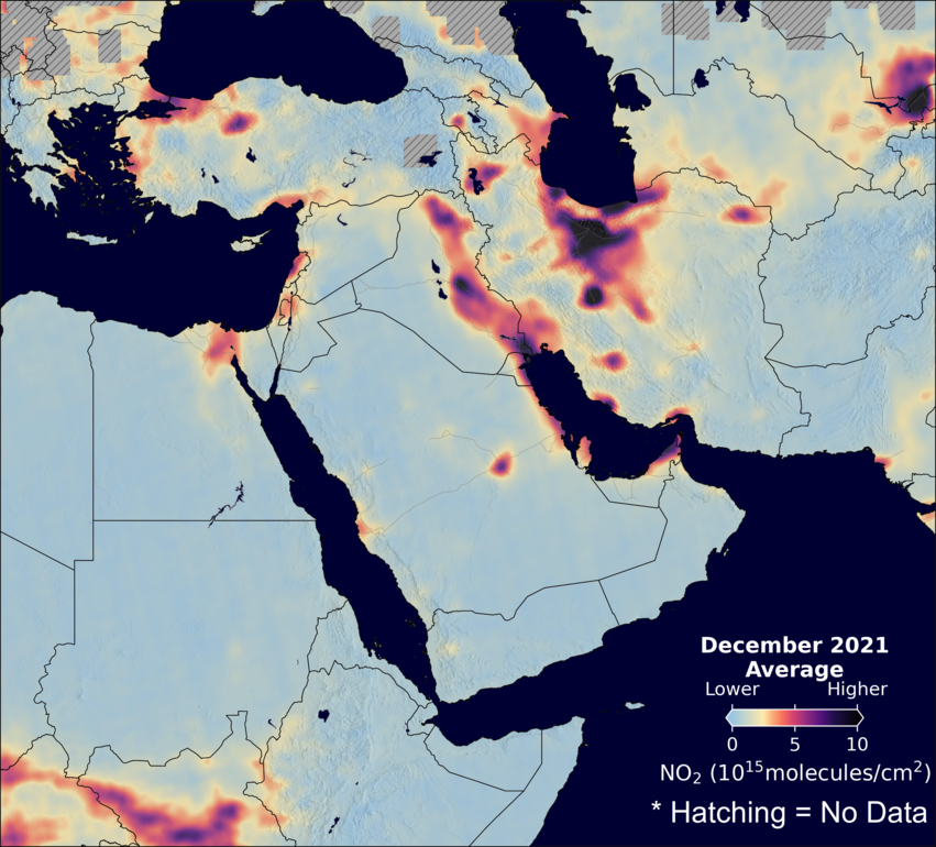 An average nitrogen dioxide image over MiddleEast for December 2021.