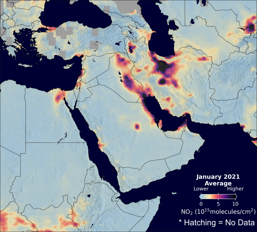An average nitrogen dioxide image over MiddleEast for January 2021.