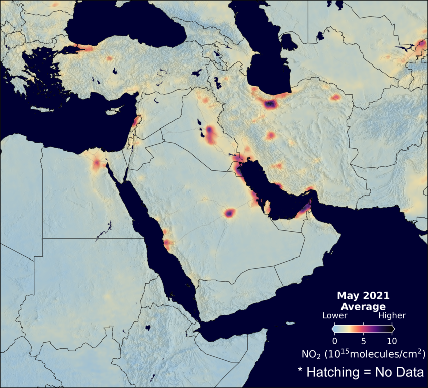 An average nitrogen dioxide image over MiddleEast for May 2021.