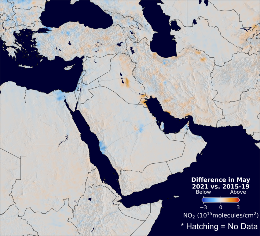 The average minus the baseline nitrogen dioxide image over MiddleEast for May 2021.