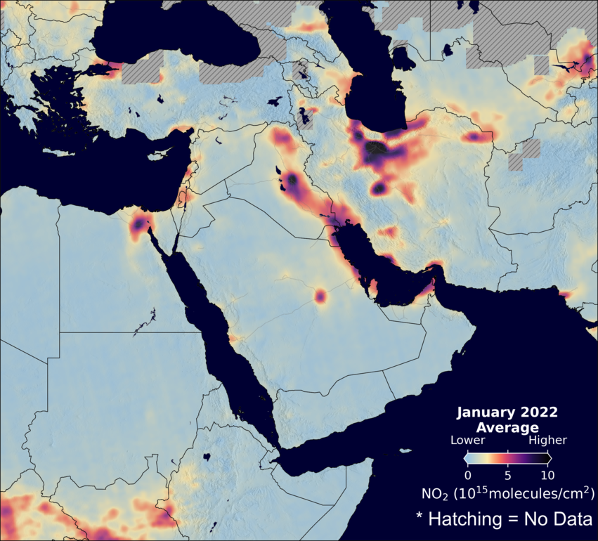 An average nitrogen dioxide image over MiddleEast for January 2022.
