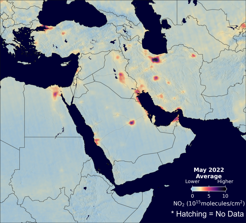 An average nitrogen dioxide image over MiddleEast for May 2022.