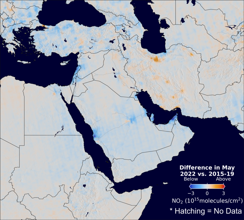 The average minus the baseline nitrogen dioxide image over MiddleEast for May 2022.