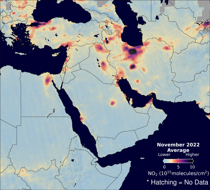 An average nitrogen dioxide image over MiddleEast for November 2022.