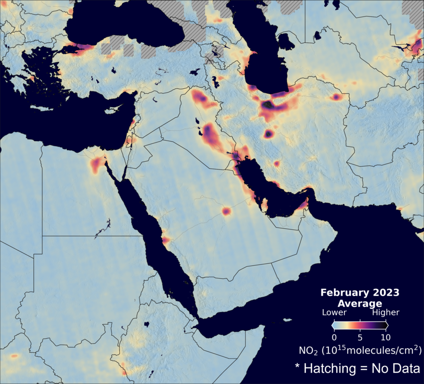 An average nitrogen dioxide image over MiddleEast for February 2023.