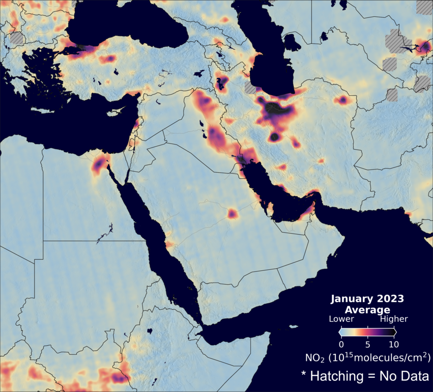 An average nitrogen dioxide image over MiddleEast for January 2023.