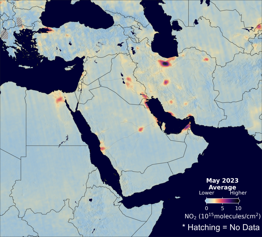 An average nitrogen dioxide image over MiddleEast for May 2023.