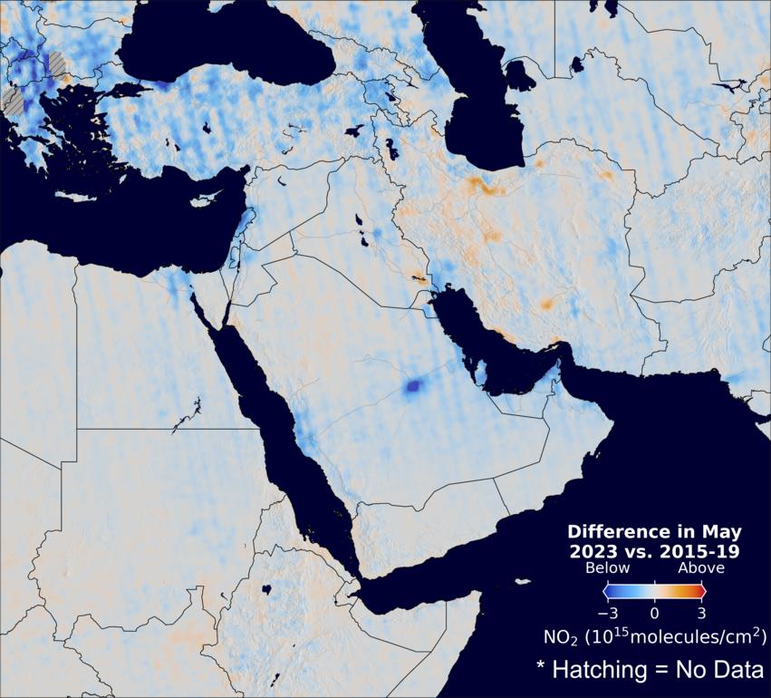 The average minus the baseline nitrogen dioxide image over MiddleEast for May 2023.