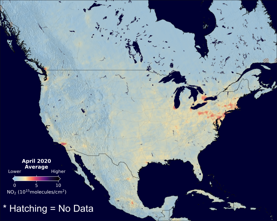 An average nitrogen dioxide image over NorthAmerica for April 2020.
