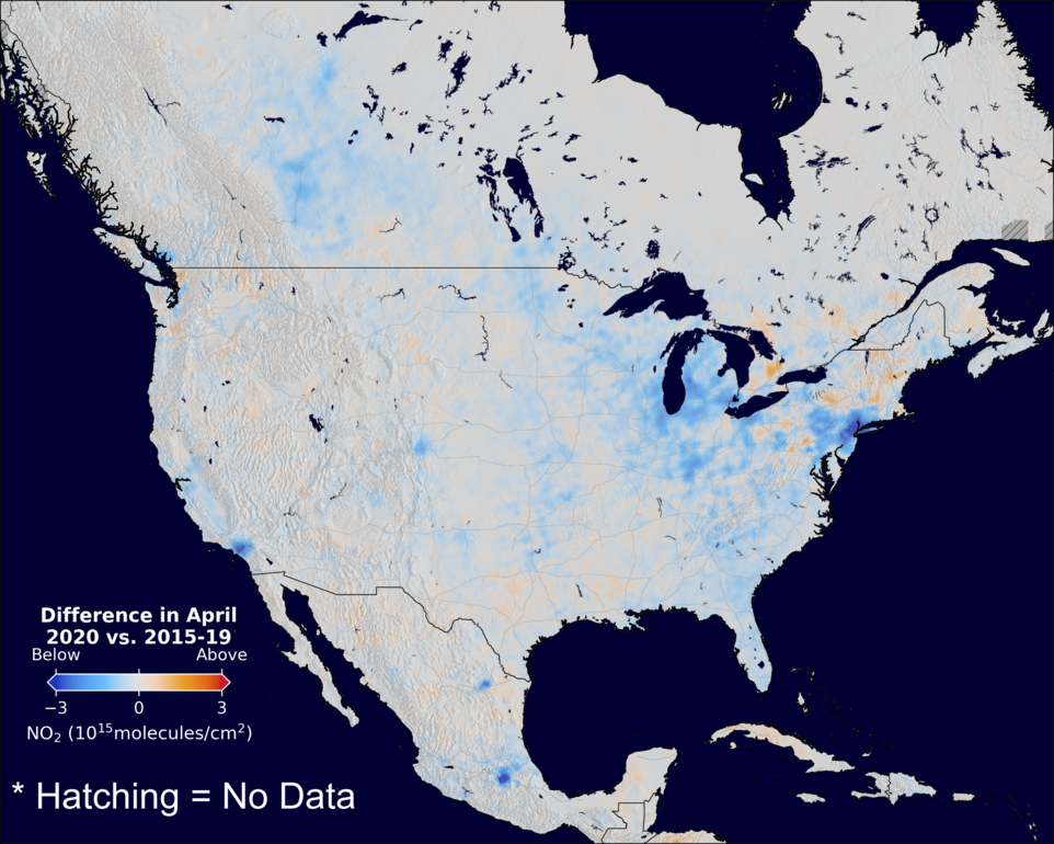 The average minus the baseline nitrogen dioxide image over NorthAmerica for April 2020.