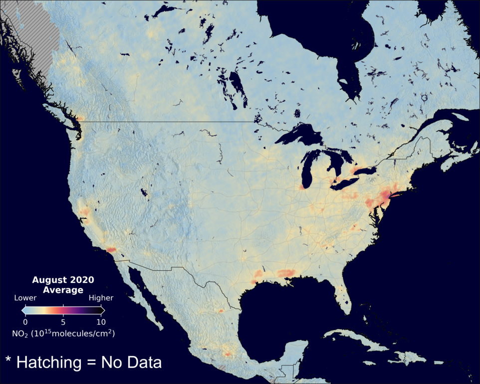 An average nitrogen dioxide image over NorthAmerica for August 2020.