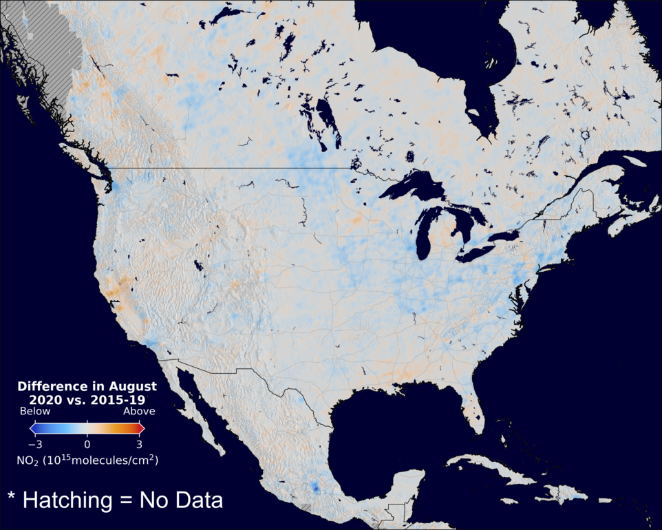 The average minus the baseline nitrogen dioxide image over NorthAmerica for August 2020.