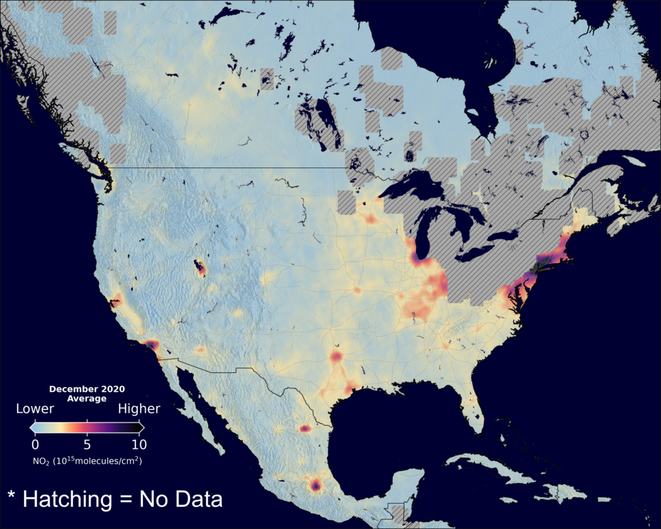 An average nitrogen dioxide image over NorthAmerica for December 2020.