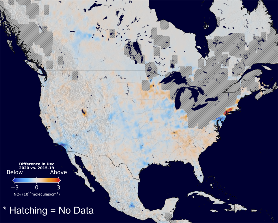 The average minus the baseline nitrogen dioxide image over NorthAmerica for December 2020.