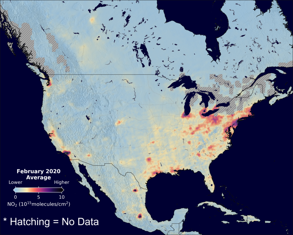 An average nitrogen dioxide image over NorthAmerica for February 2020.